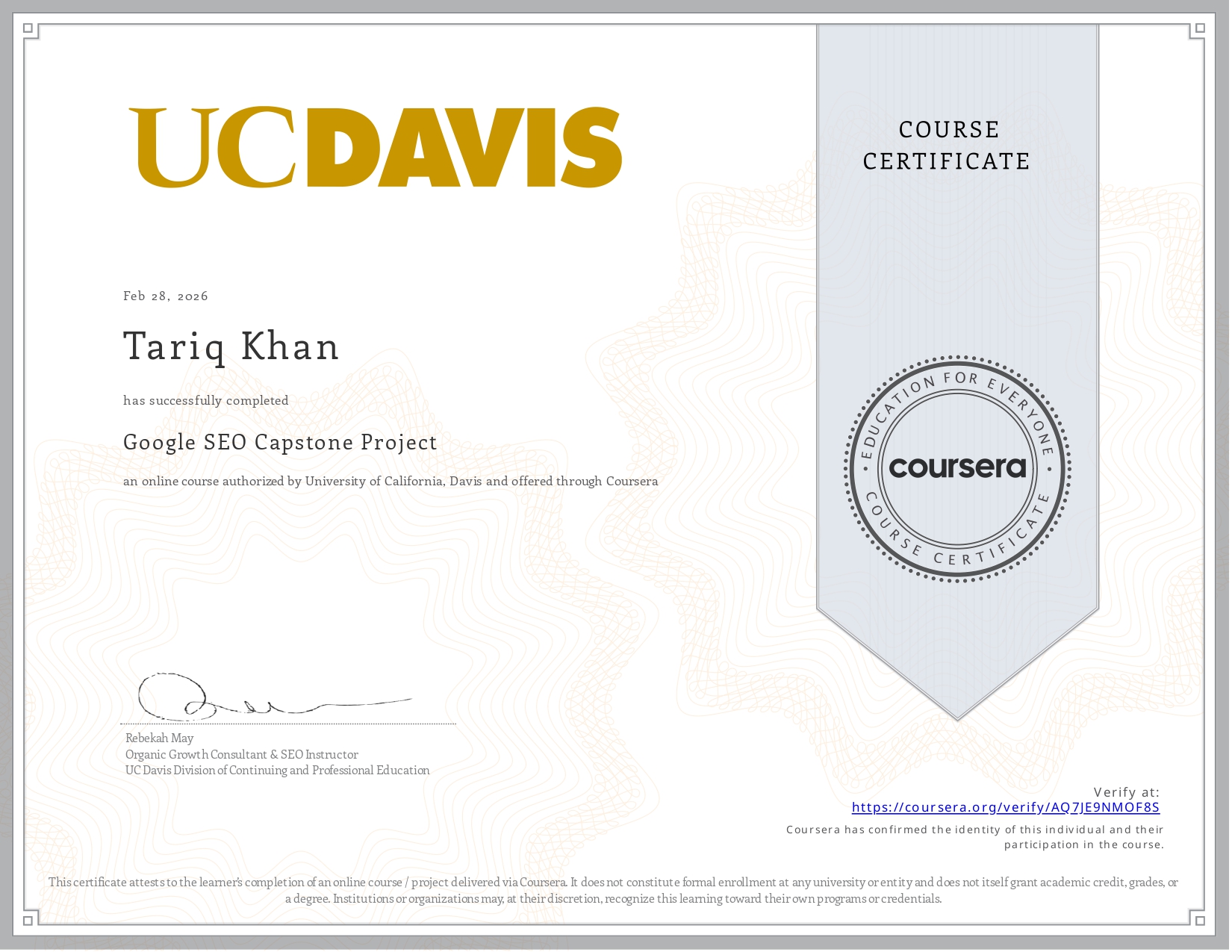 Google SEO Capstone Project Certificate